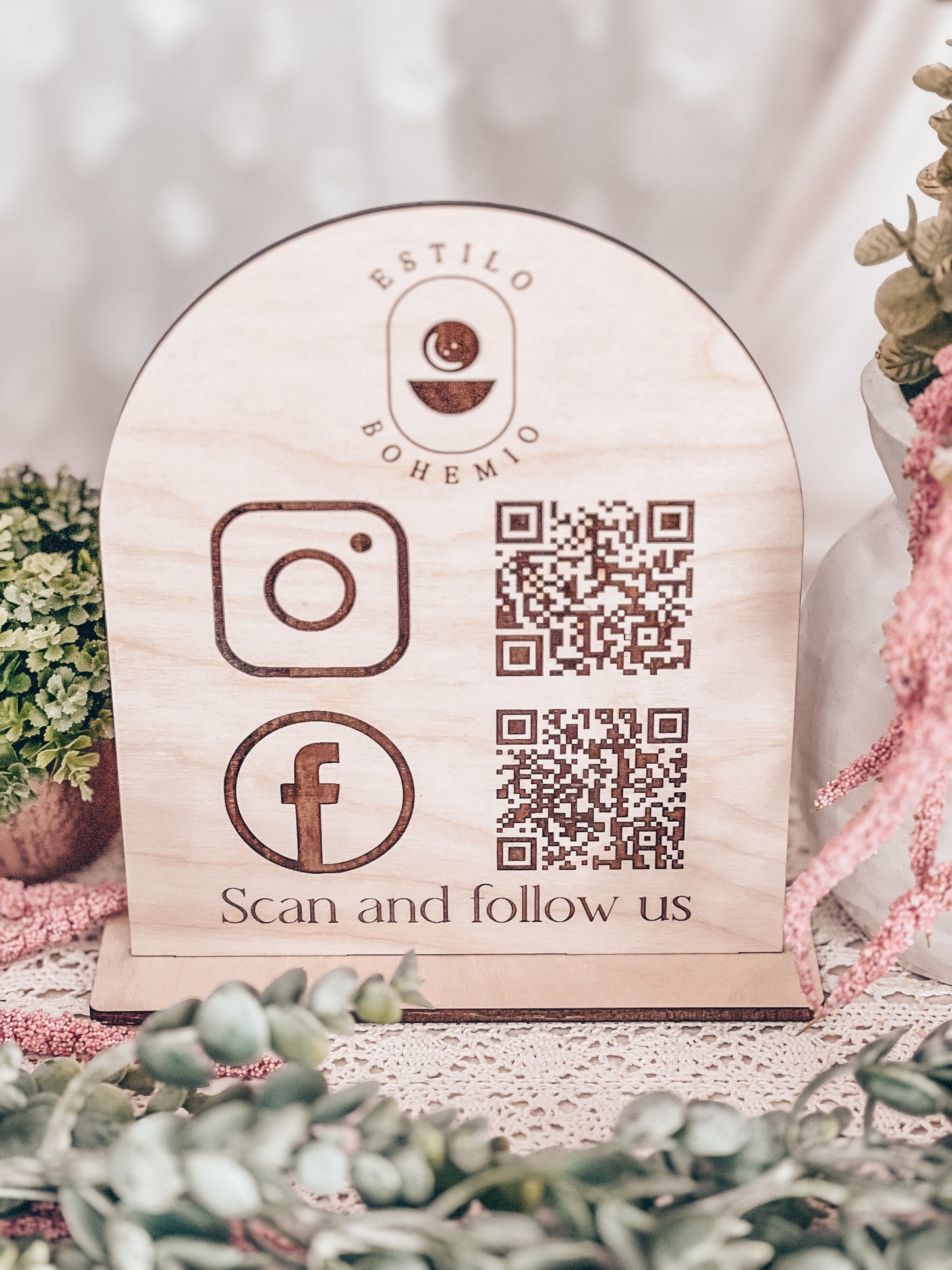 Wood Arch QR Code and Social Link Sign